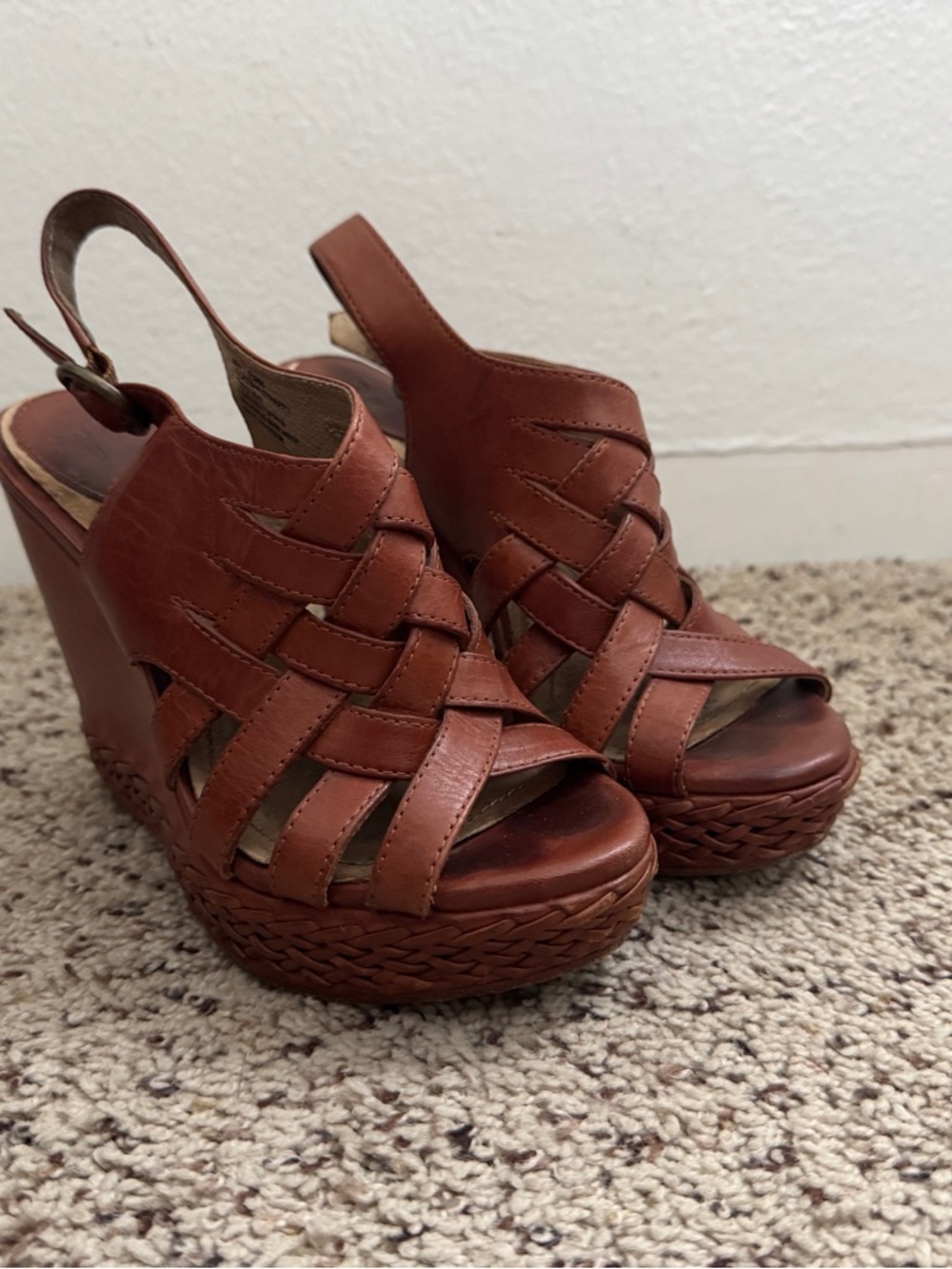 Frye Vintage Cognac Woven Leather Slingback Wedge Sandals